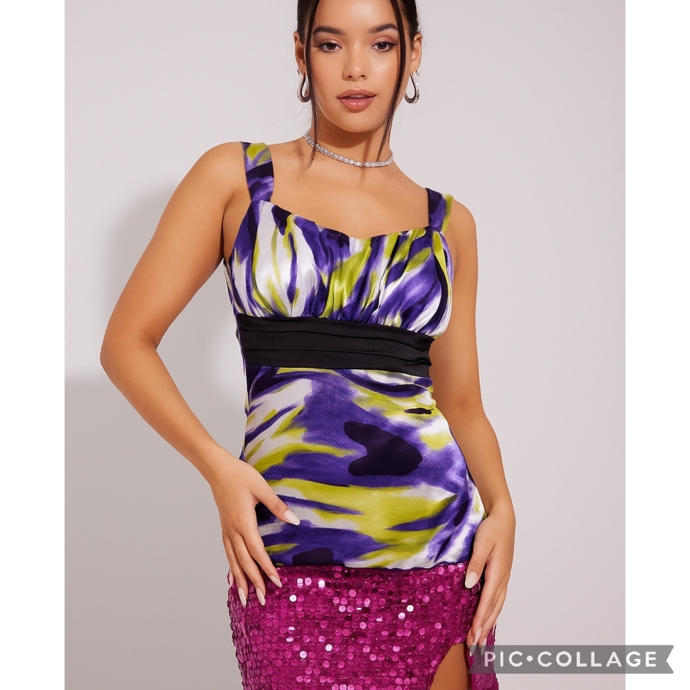 BCX Babydoll Y2K Top Women's Medium Satin Purple Yellow Watercolor Print Party